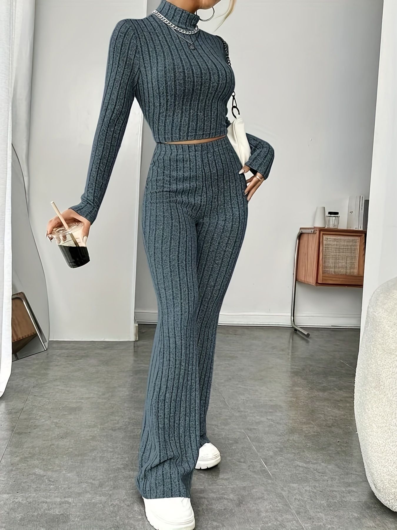 Women's Ribbed Knit Long Sleeve Two-Piece Set