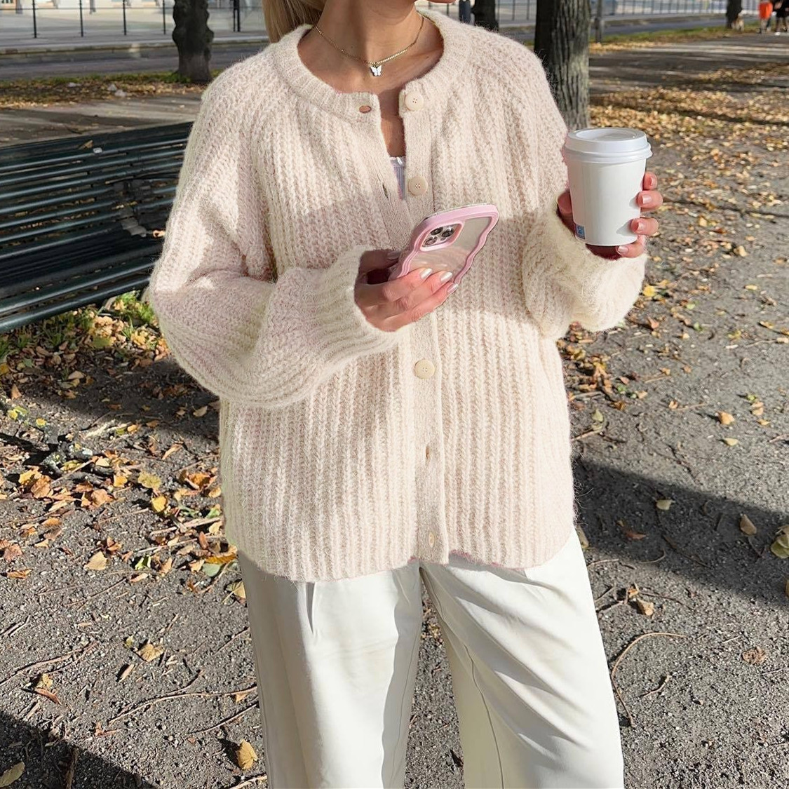 Women's Solid Knit Cardigan Crewneck Long Sleeve Sweater