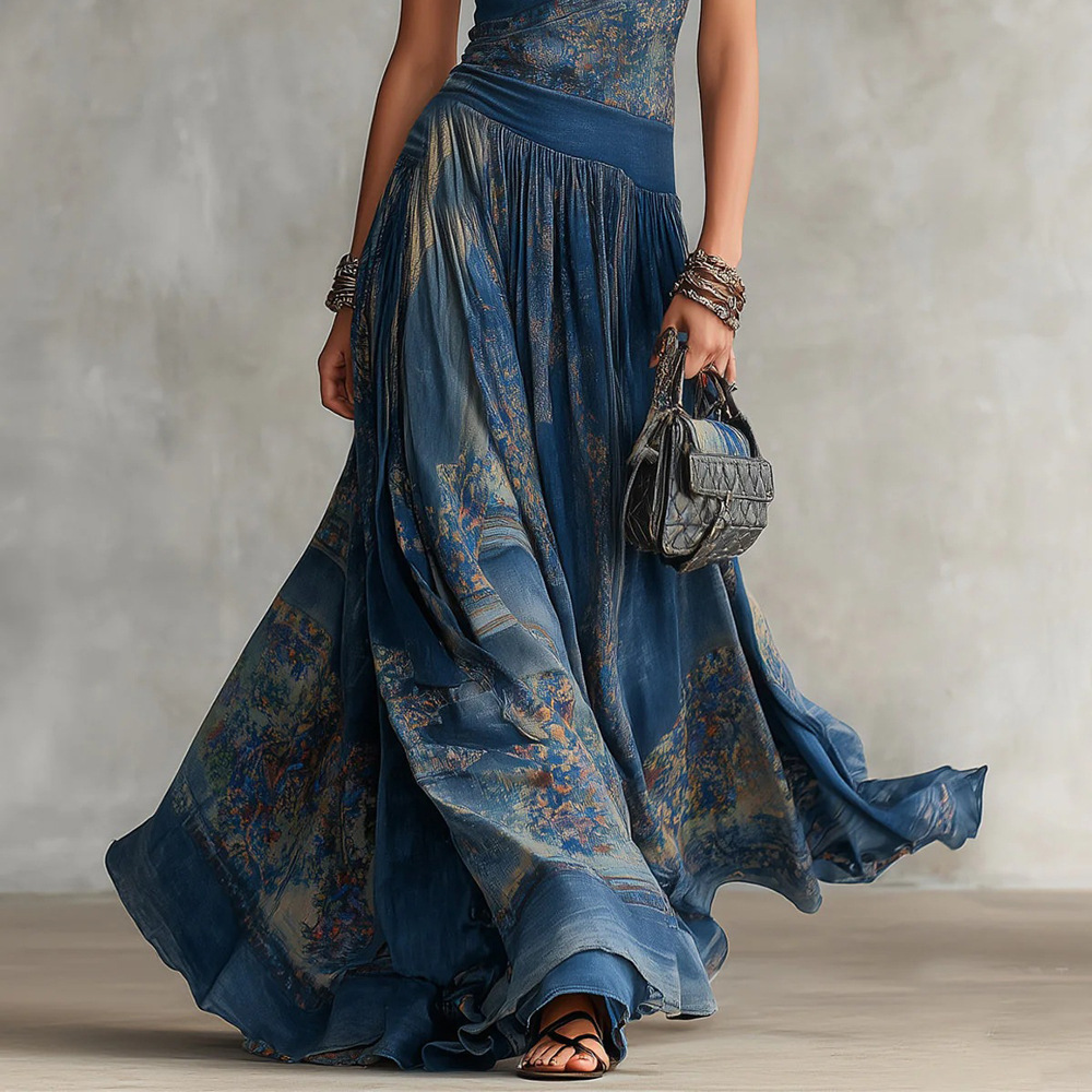 Digital Print Sleeveless A-Line Midi Dress with Round Neck