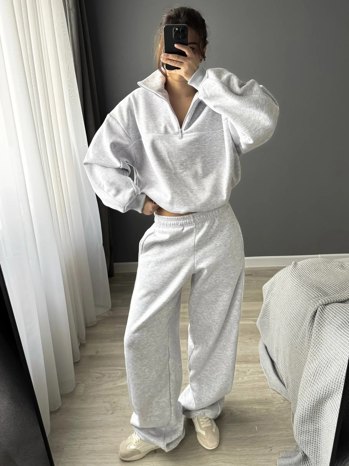 Women's Casual Solid Color Long Sleeve Half-Button Top and Elastic Waist Pants Two-Piece Set