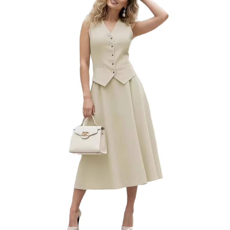 Women's V-Neck Single-Breasted Vest and Long Skirt Two-Piece Set