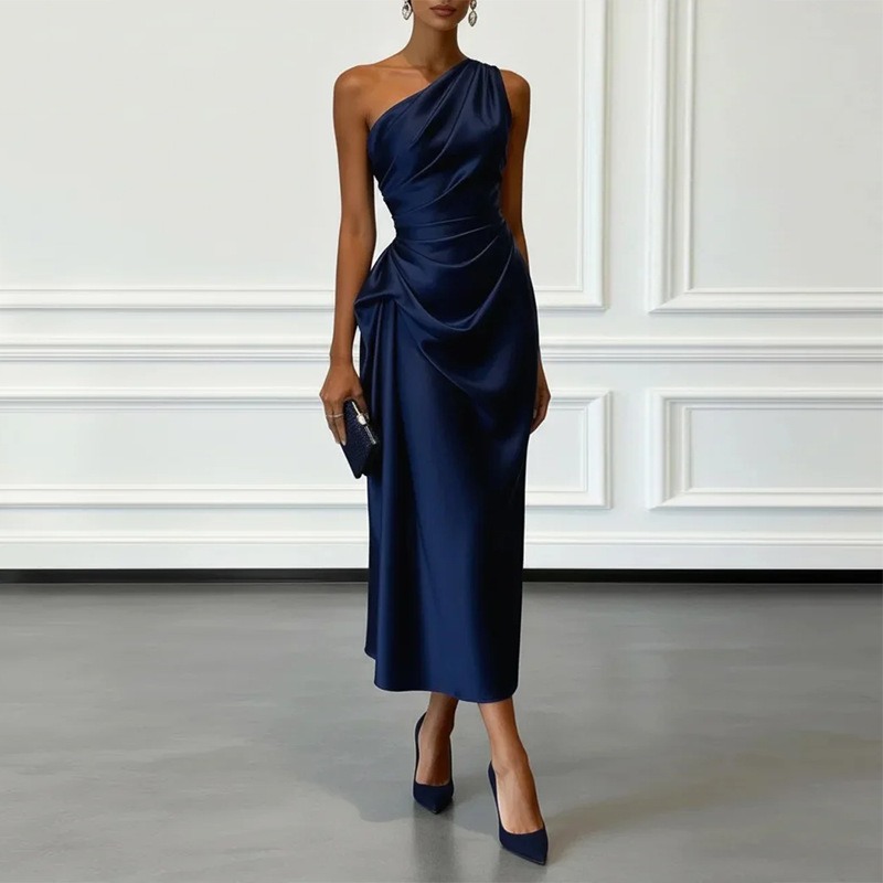 Women's Summer One-Shoulder Bodycon Dress Solid Color Waist-Defining French Style