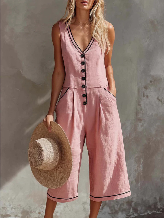 Colorblock V-Neck Sleeveless Wide-Leg Jumpsuit