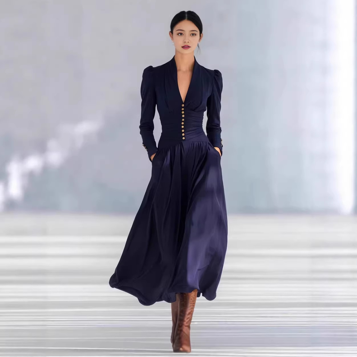Elegant V-Neck Puff Sleeve Long Sleeve Maxi Dress with Cinched Waist