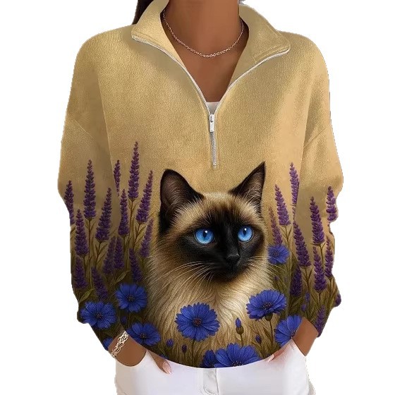 Cat & Moon Print Half-Zip Hoodie for Women