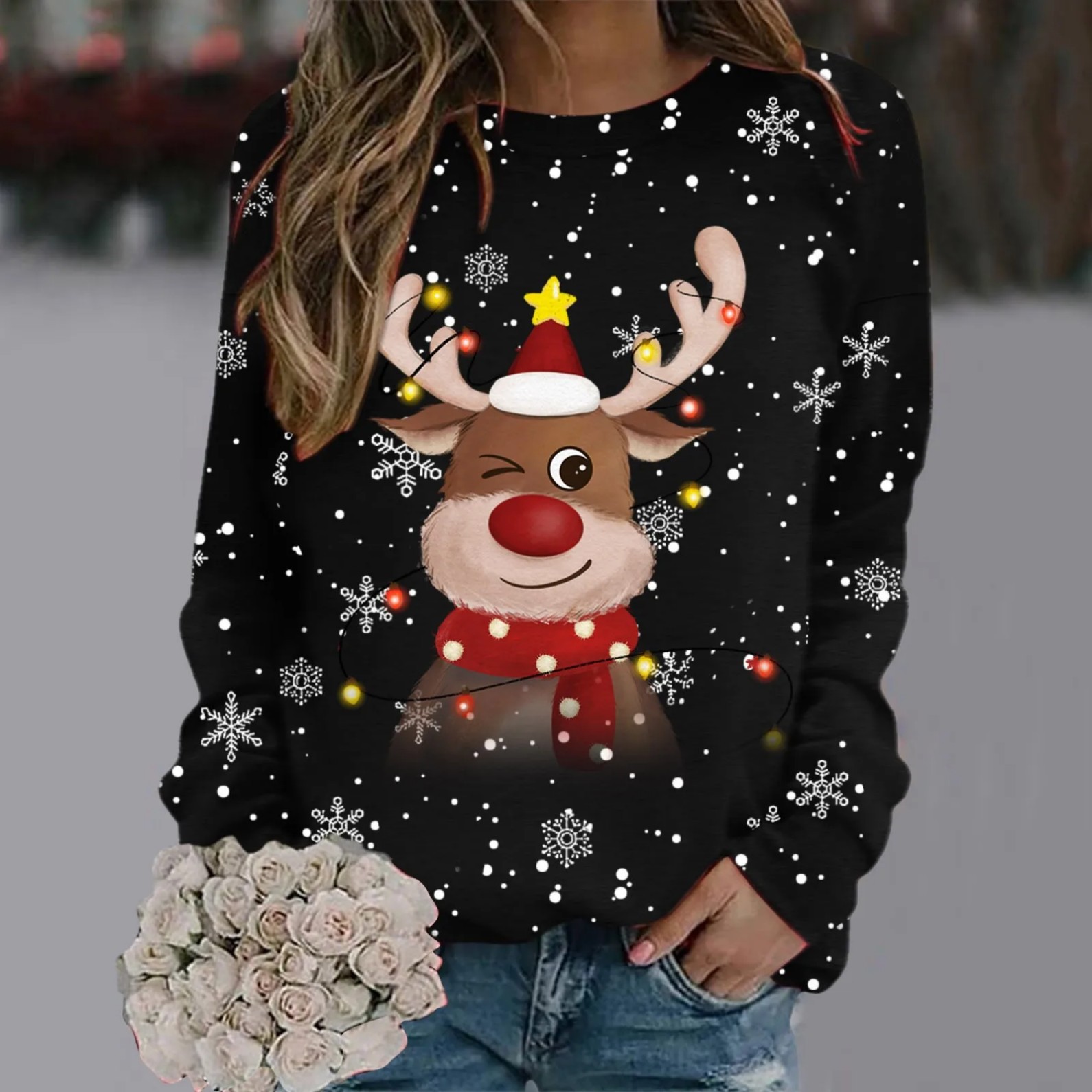 Women's Cartoon Christmas Reindeer Snowflake Print Crewneck Sweatshirt