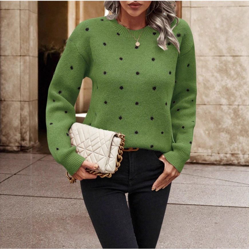 Polka Dot Jacquard Knit Pullover Sweater with Round Neck and Long Sleeves