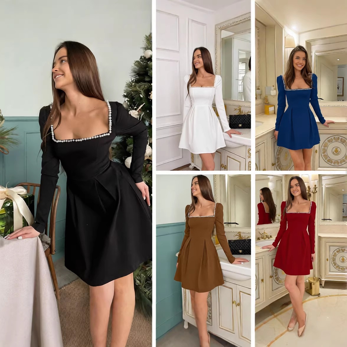 Women's A-Line Mini Dress with Pearl Long Sleeves and Waist-Cinching Square Neck