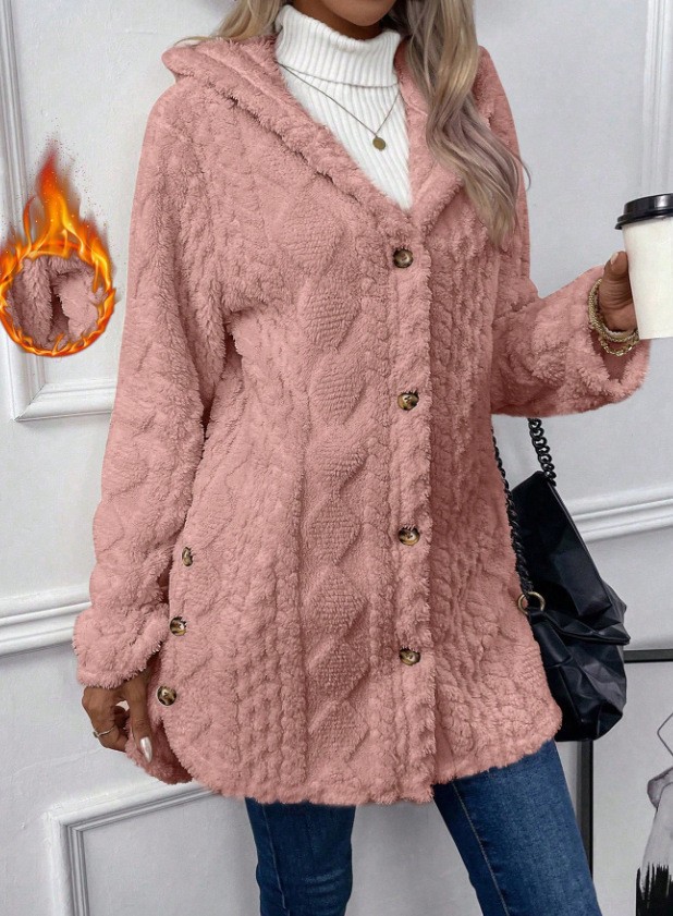 Women's Hooded Double-Fleece Cardigan Long-Sleeve Casual Warm Jacket