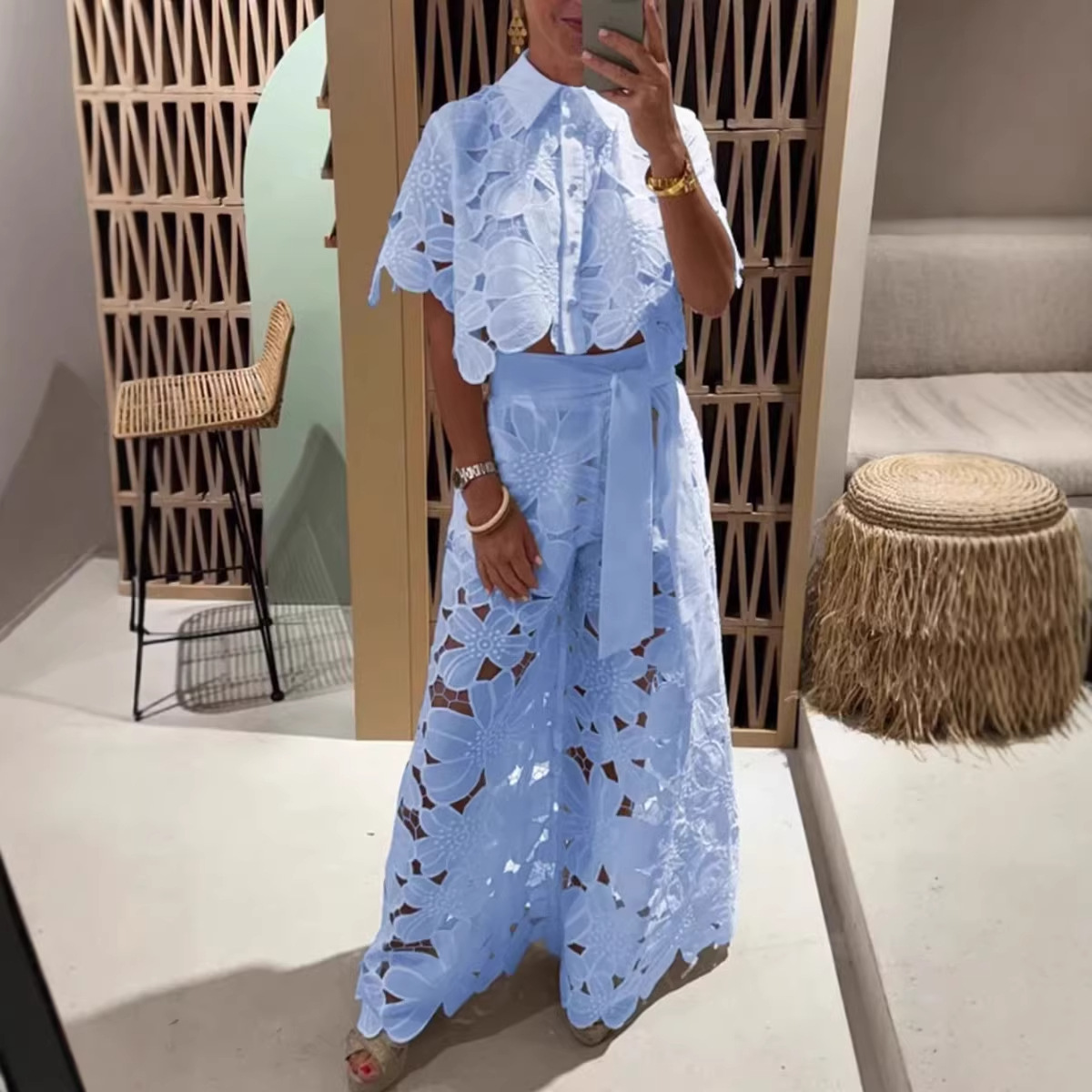 Women's Solid Color Cutout Cardigan & Wide-Leg Pants Two-Piece Set