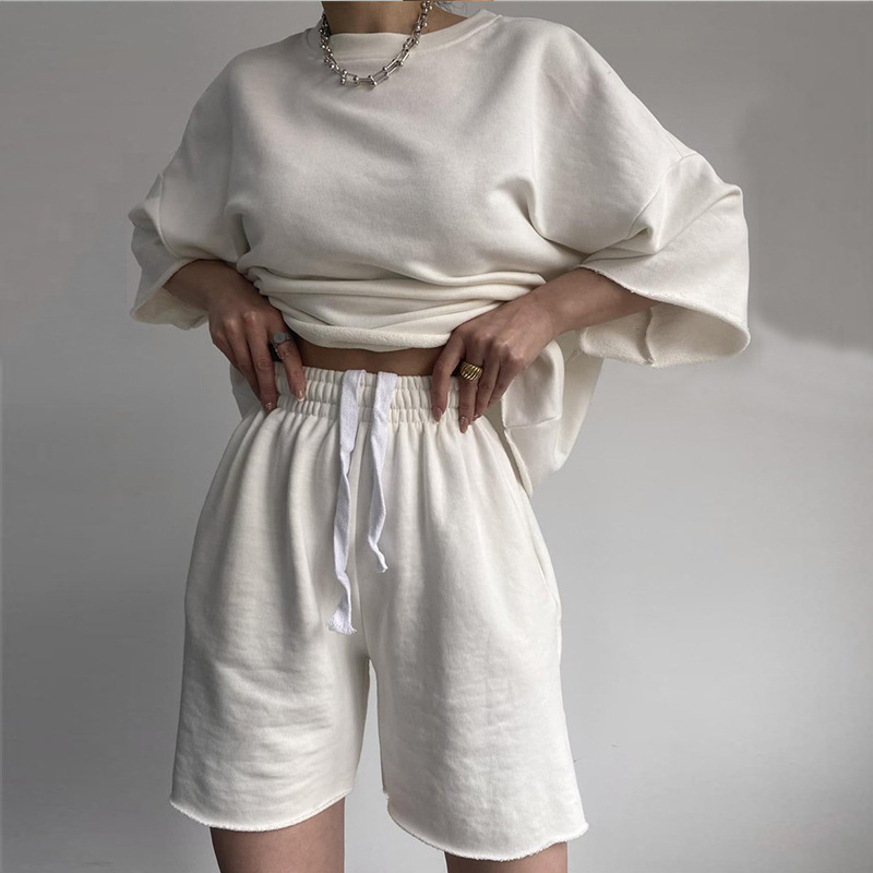 Women's Casual Two-Piece Set Short Sleeve Crew Neck Drawstring Shorts