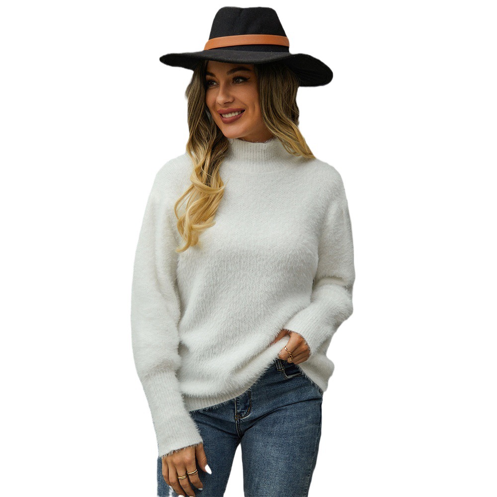 Women's Fuzzy Turtleneck Pullover Sweater Solid Knit