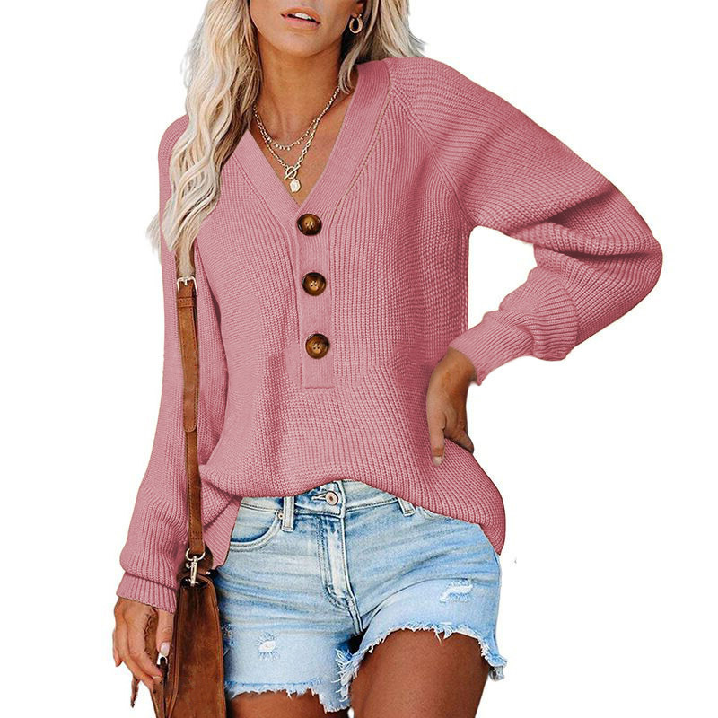 Button-Front V-Neck Knit Sweater for Women, Cotton Blend, Loose Fit, Long Sleeve