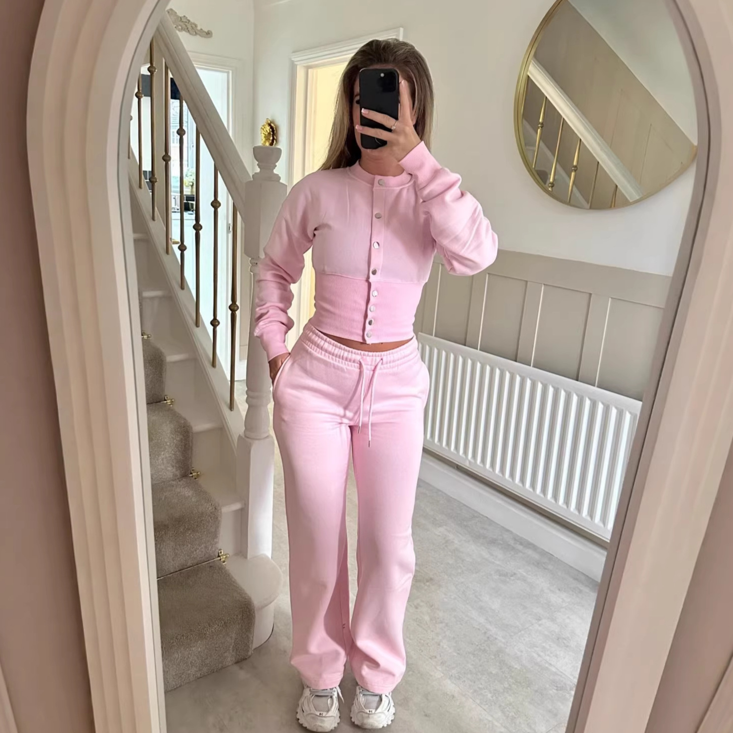 Women's Solid Button-Front Cardigan and Straight-Leg Pants Set