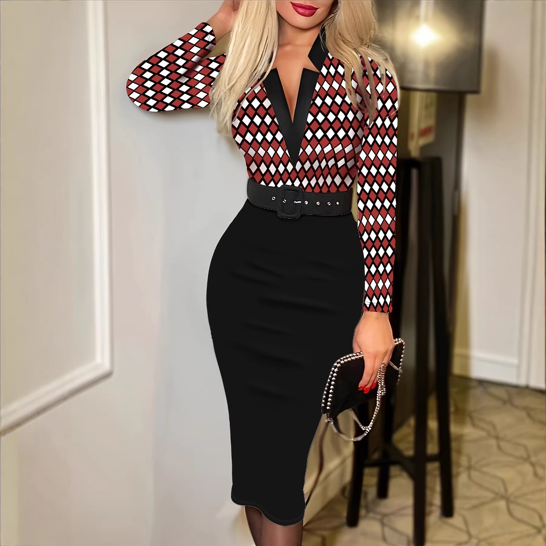 Plaid V-Neck Bodycon Long Sleeve Dress with Belt