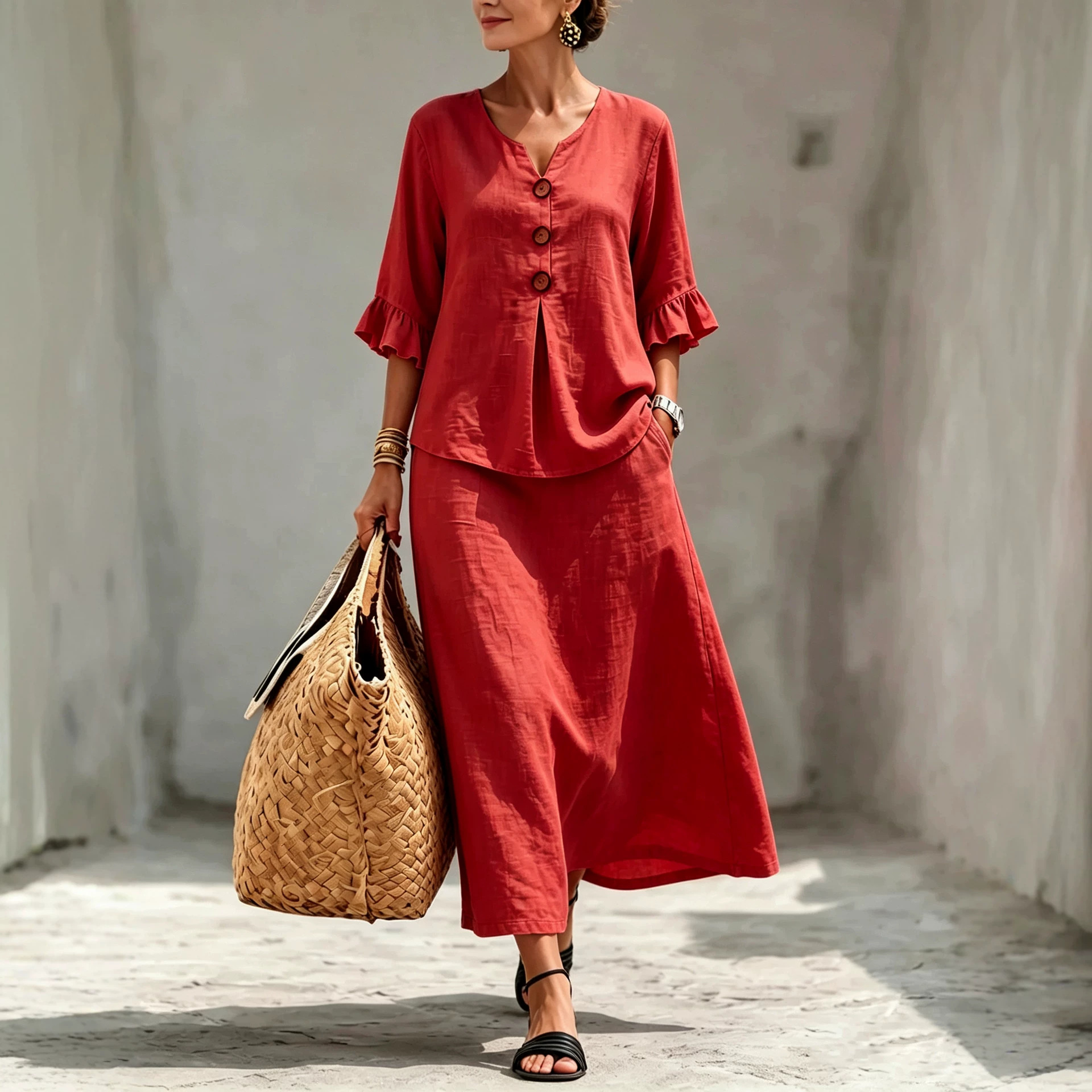 Women's Solid Button V-Neck Ruffle Three-Quarter Sleeve Top and Skirt Set