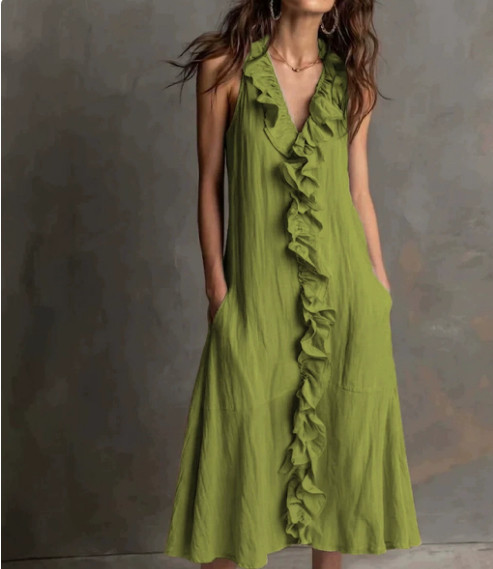 Women's Sleeveless V-Neck Ruffle Hem Midi Dress Solid Color