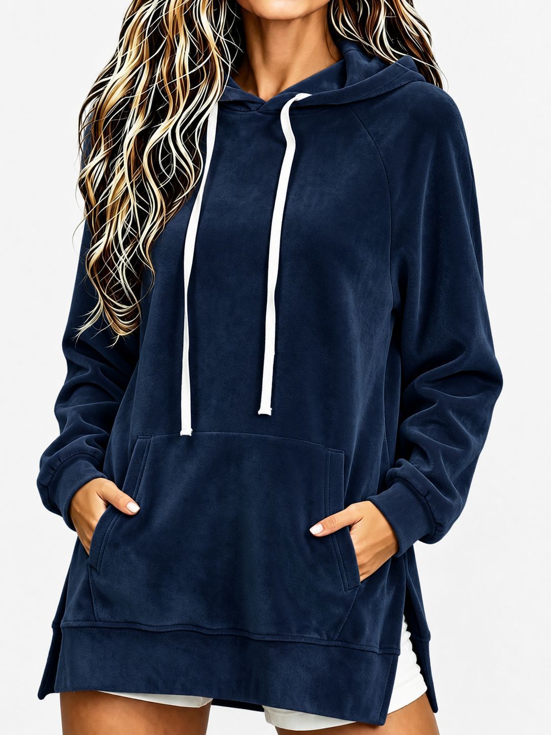 Women's Velvet Hooded Loose Mid-Length Pocket Sweatshirt
