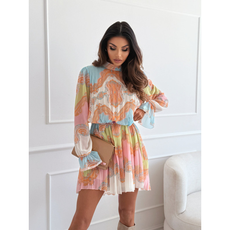 Fashion Printed Stand Collar Pleated Long Sleeve Dress for Women