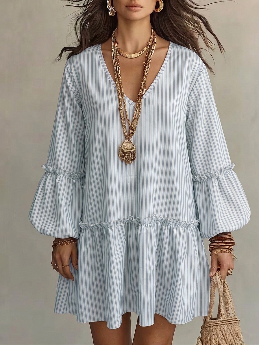 Women's Striped Print V-Neck Lantern Sleeve Loose Short Dress