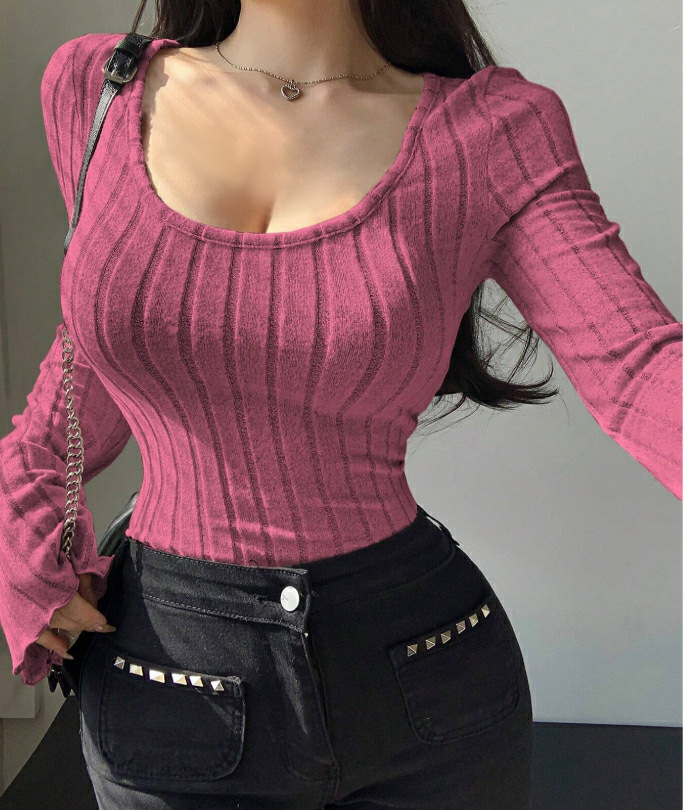 Brushed Ribbed Long Sleeve V-Neck Top