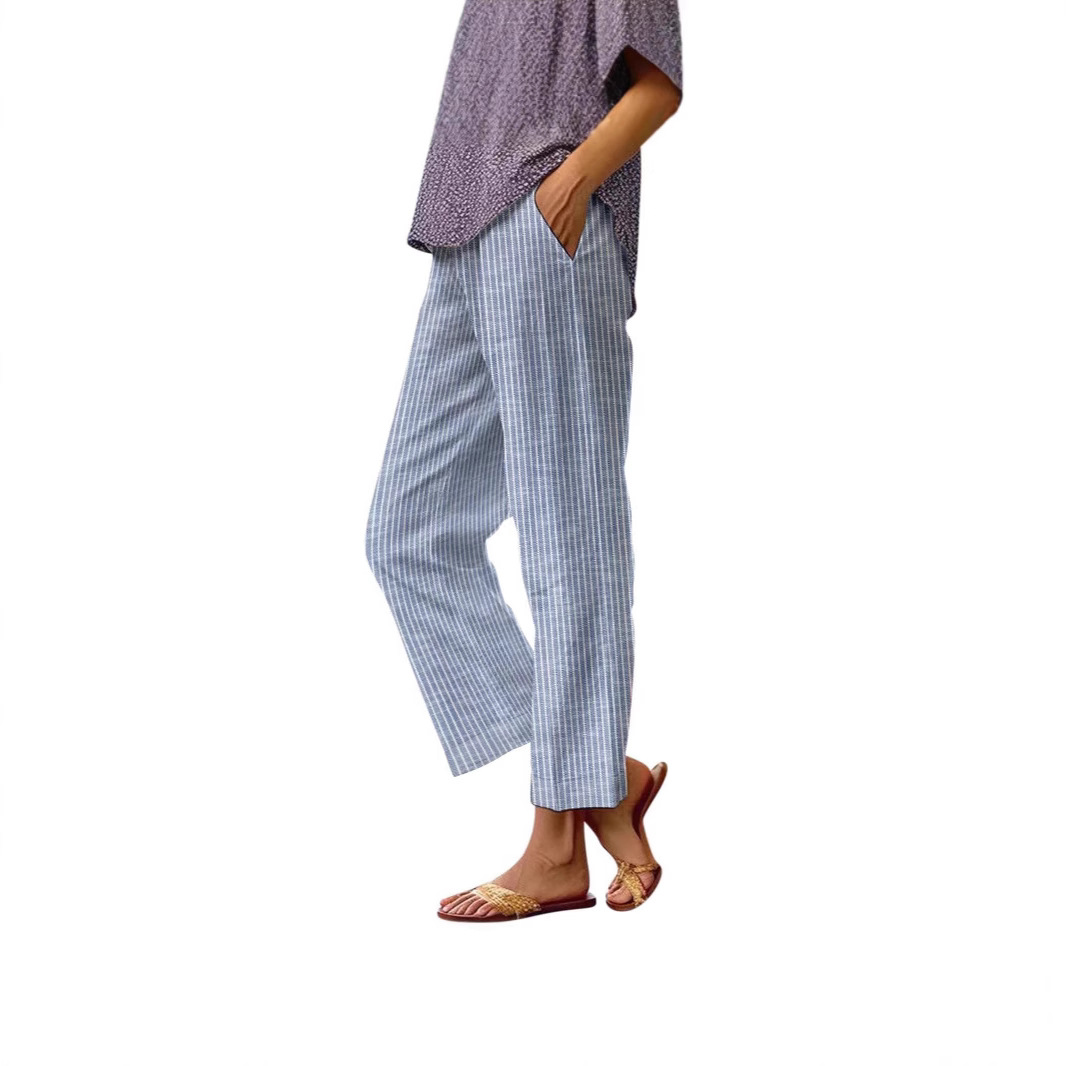Women's Striped Cotton-Linen Straight-Leg Pants with Elastic Waist