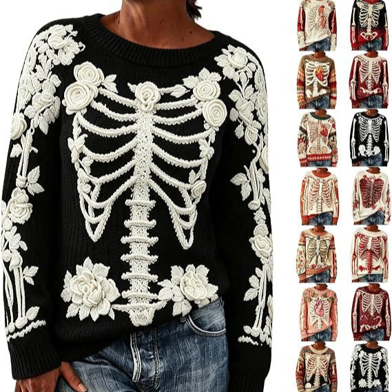 Women's Floral Heart Skeleton Print Crewneck Sweatshirt