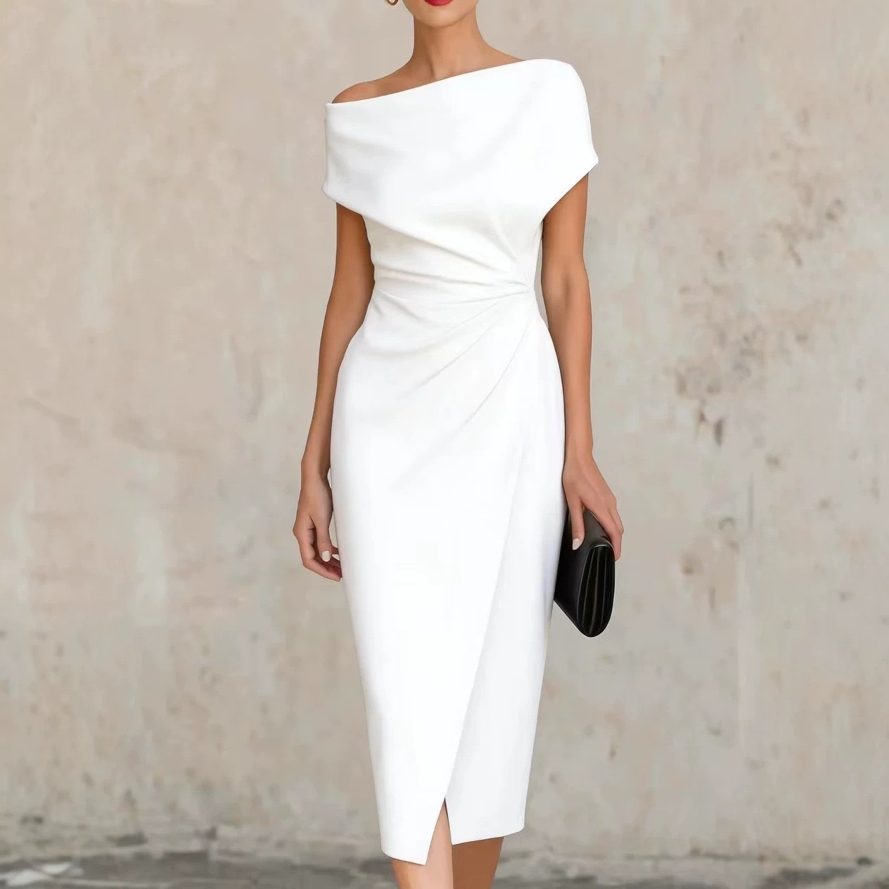 Off-Shoulder Ruched Waist Midi Dress with Slit