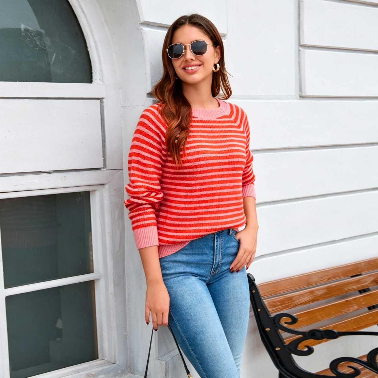 Plus Size Striped Colorblock Crewneck Knit Sweater Long Sleeve Pullover