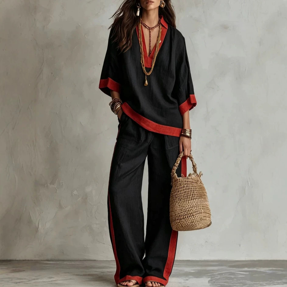 Color-Block Linen Blend Lounge Set – V-Neck Top & Wide-Leg Pants