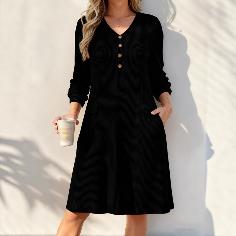 V-Neck Button-Front Ribbed Knit Midi Dress