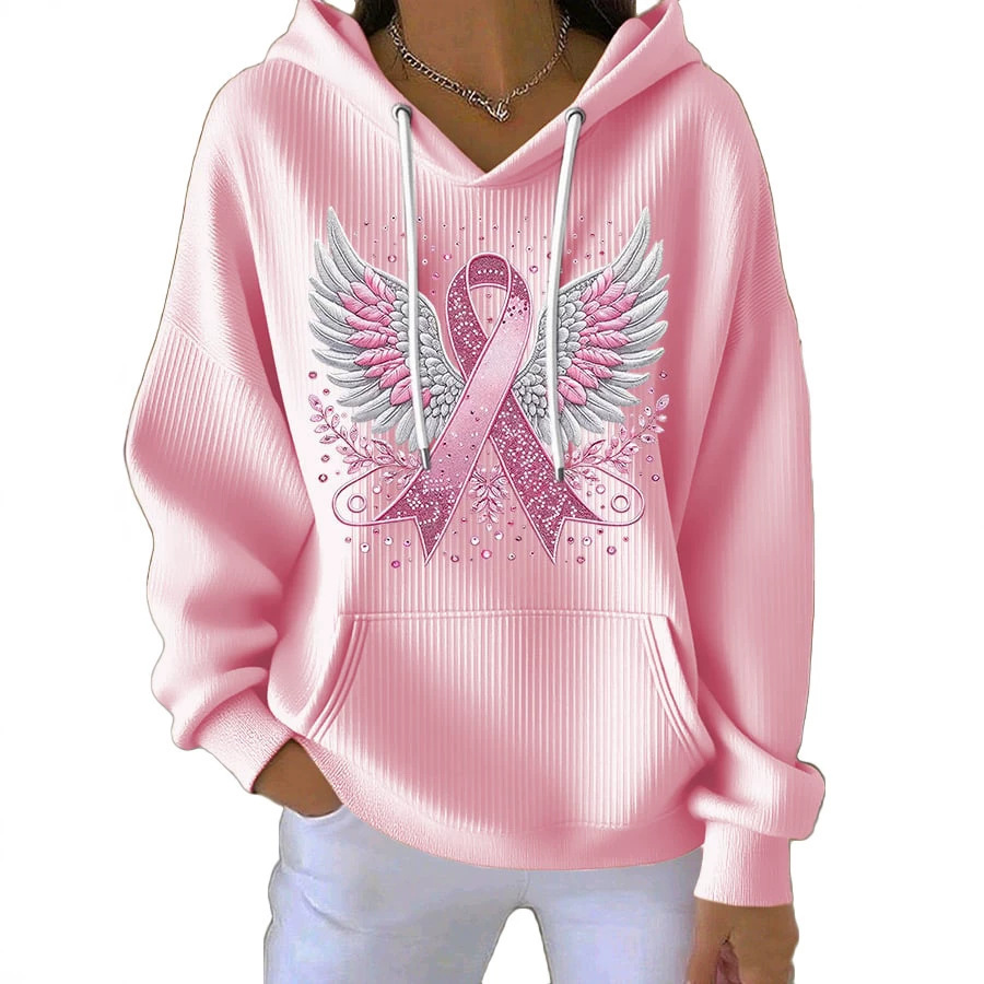 Women's Ribbed Knit Cartoon Print Hooded Long Sleeve Sweatshirt