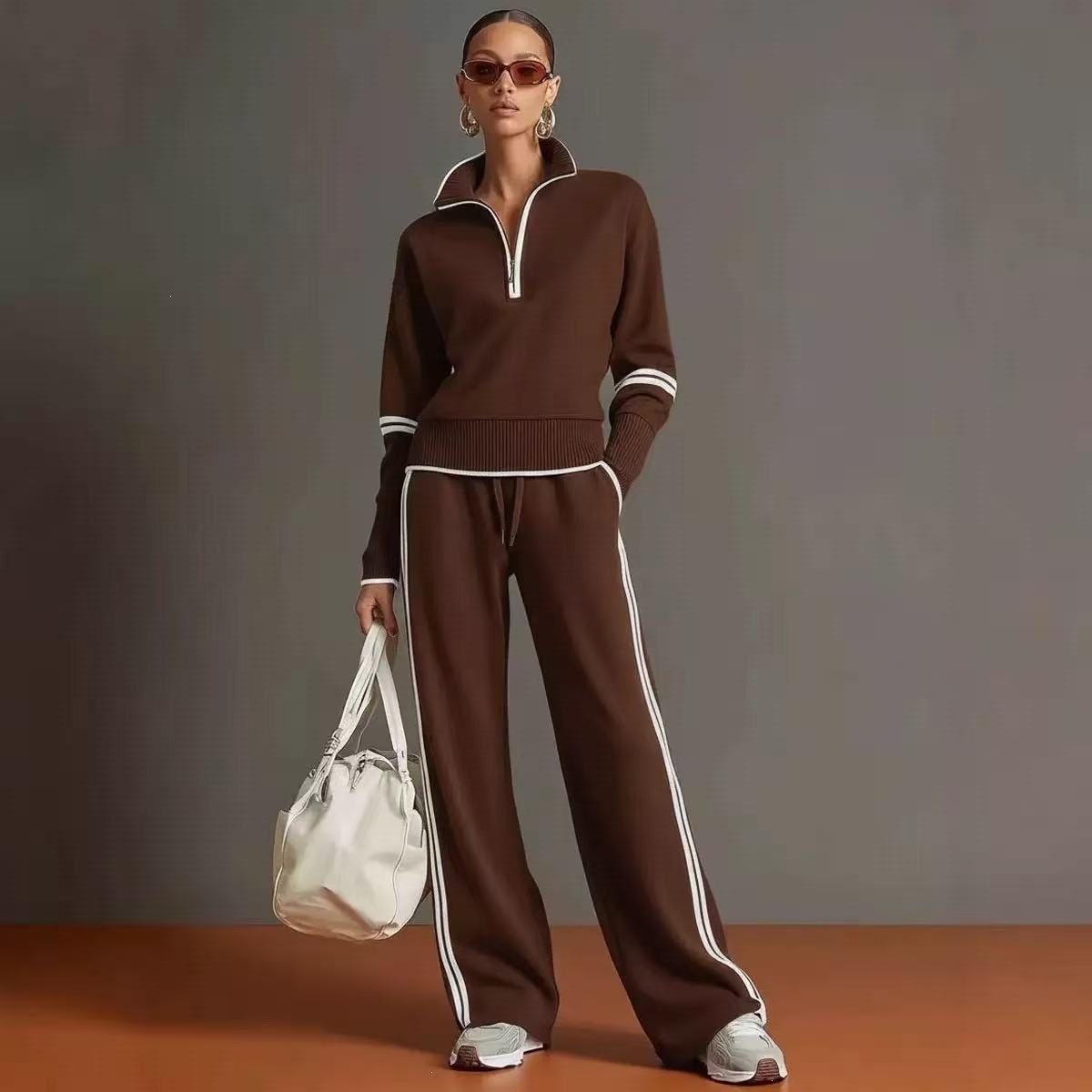 Women's Color-Block Stand Collar Hoodie & Wide-Leg Pants Casual Sport Set