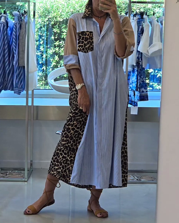 Leopard Print Striped Patchwork Shirt Dress Long Sleeve Blue