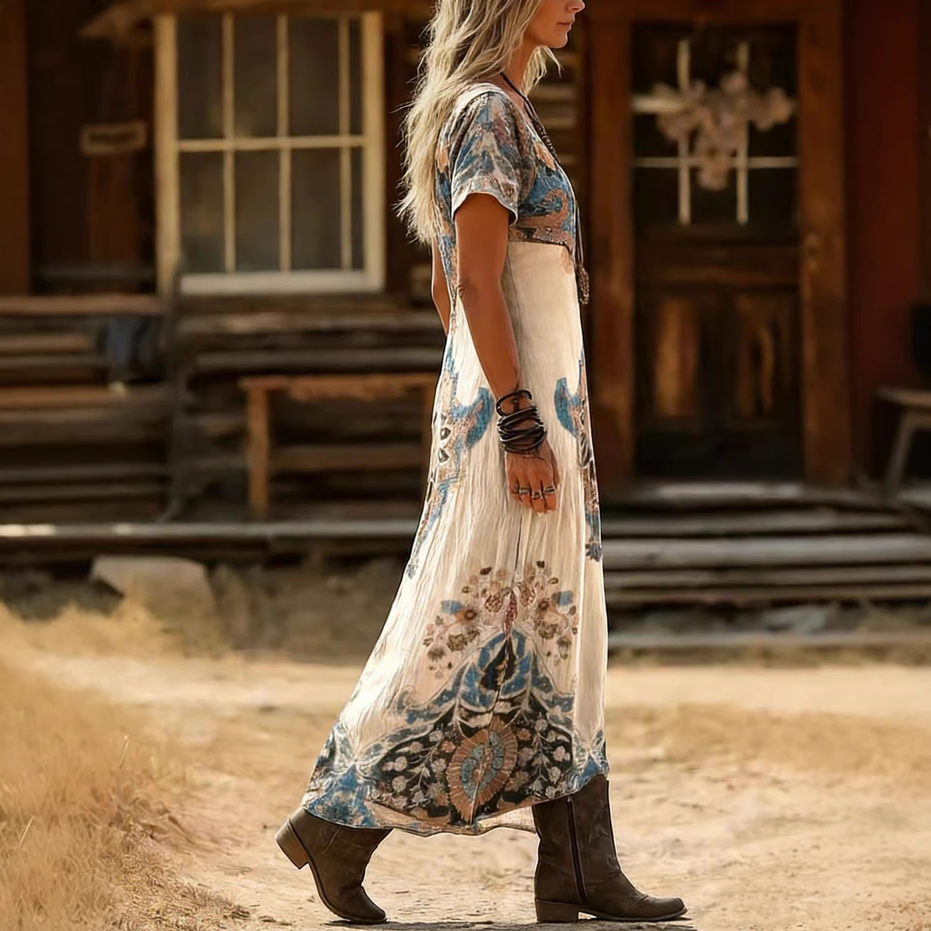 Retro Floral Print V-Neck Short Sleeve Dress
