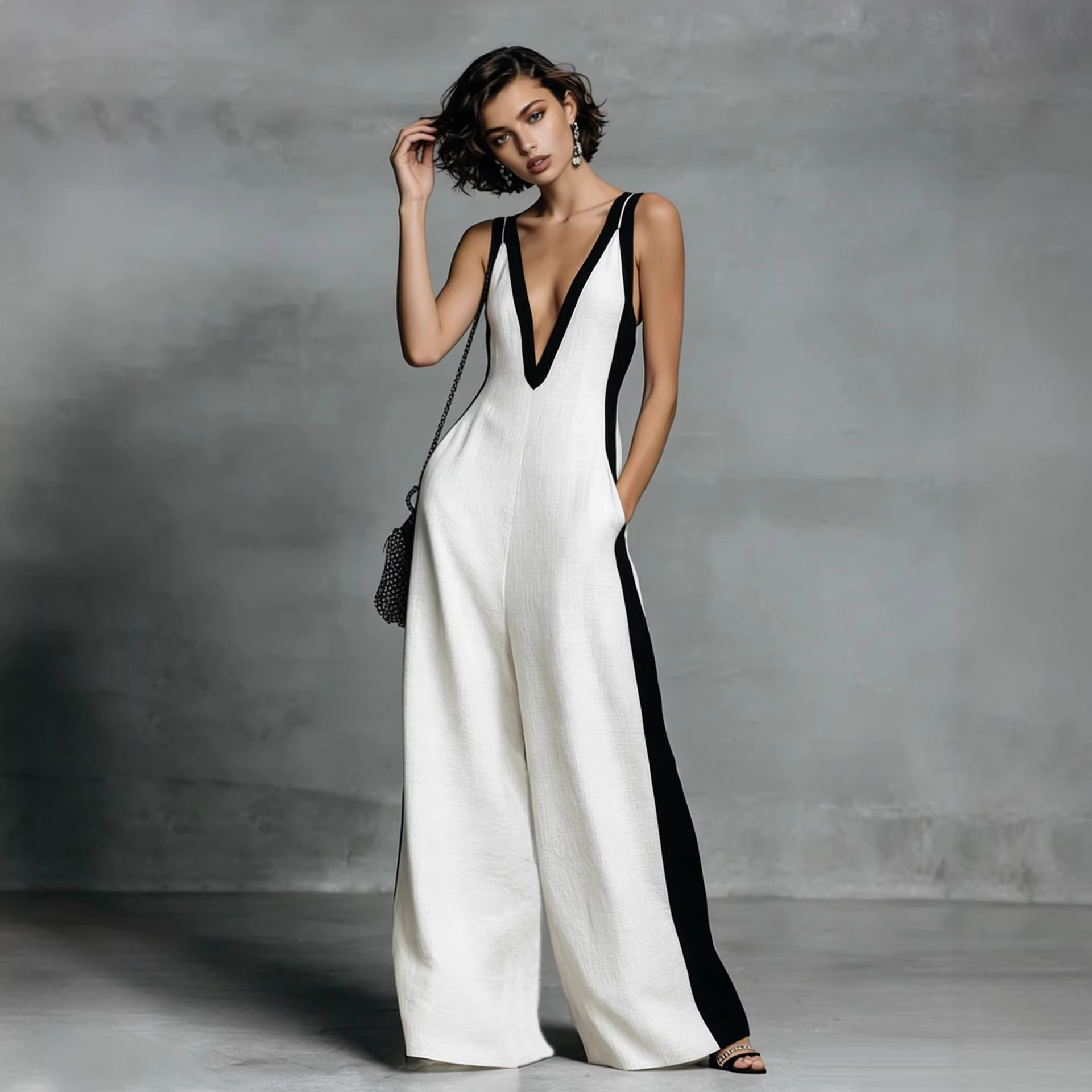 Sleeveless V-Neck Colorblock Wide-Leg Jumpsuit