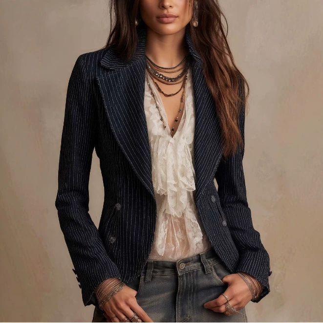 Retro Striped Double-Breasted Blazer