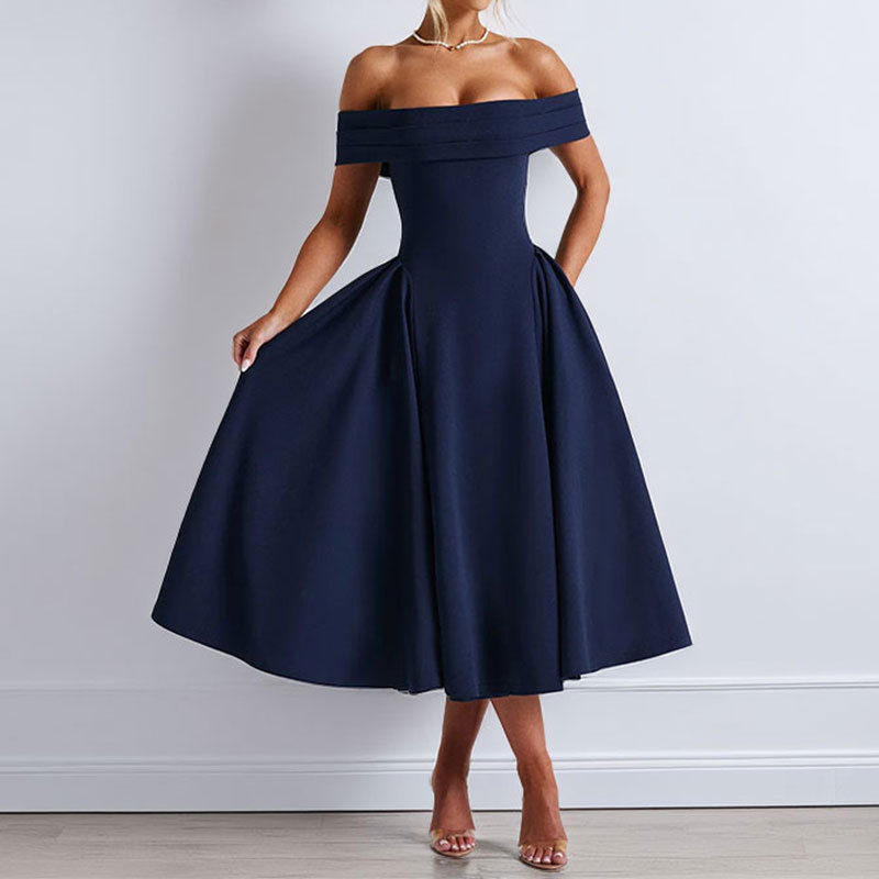Women's Off-Shoulder Long Evening Dress with Waist-Cinching