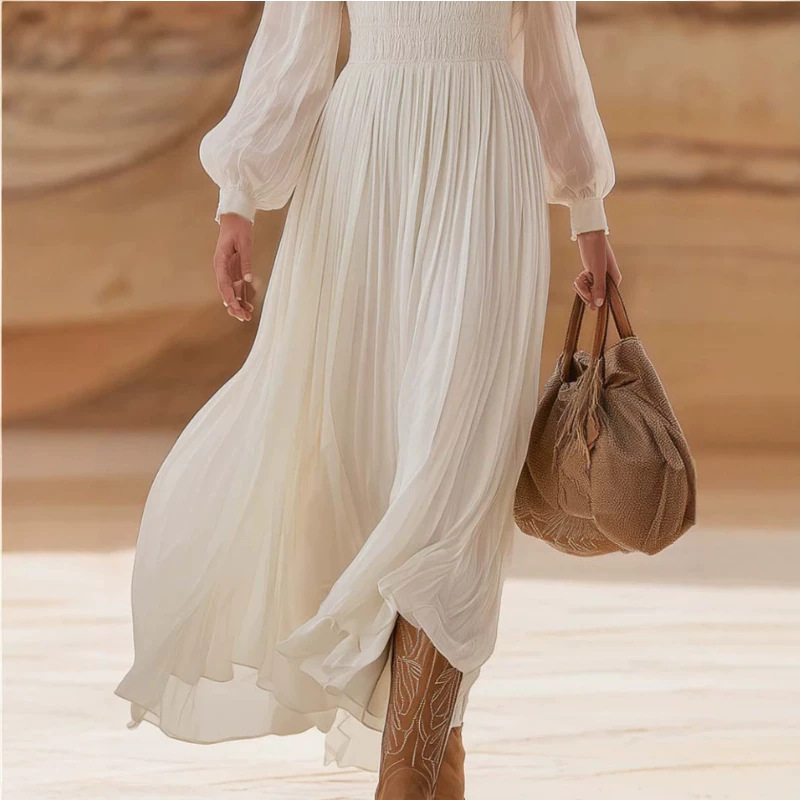 Boho Pleated Square Neck Lantern Sleeve High Waist Maxi Dress
