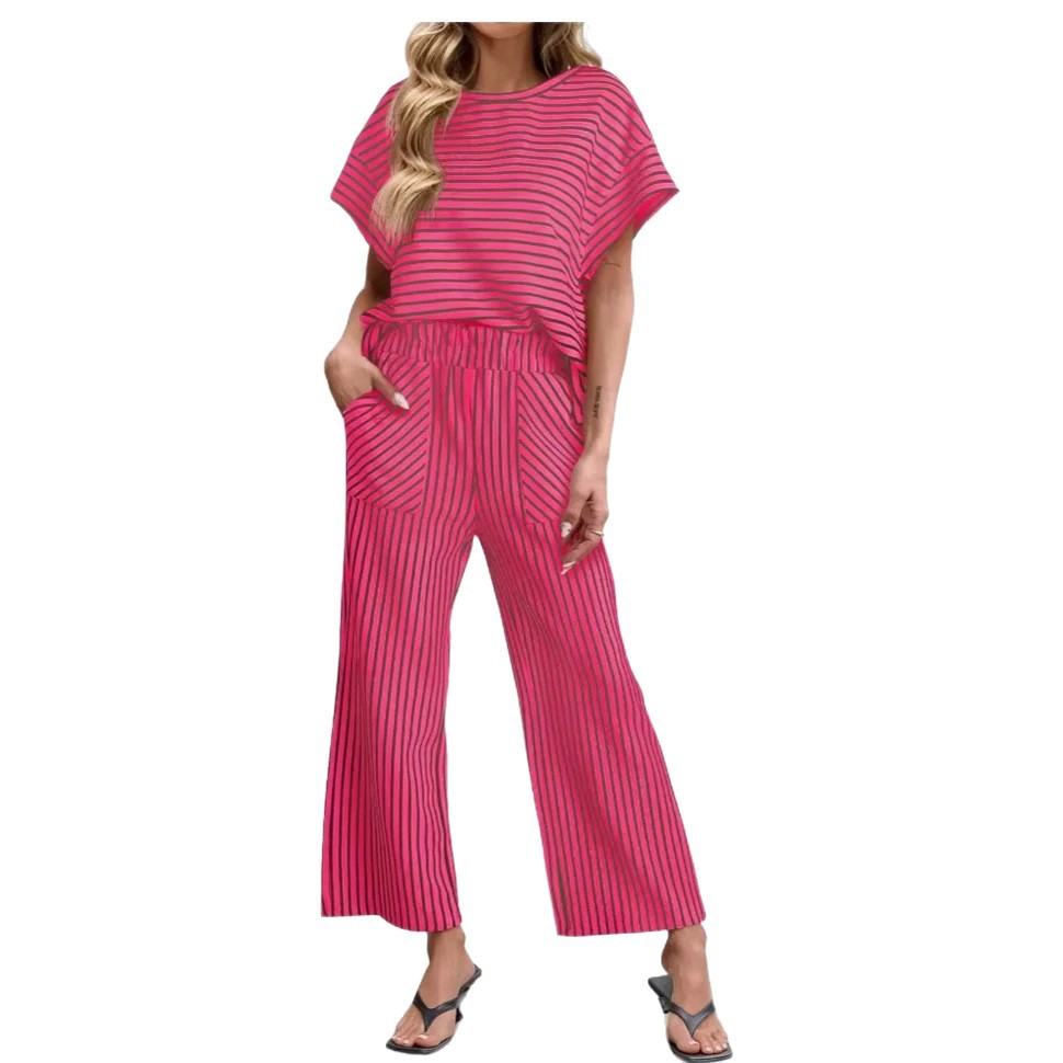 Women's Striped Two-Piece Set Short-Sleeve T-Shirt & Wide-Leg Pants with Pockets