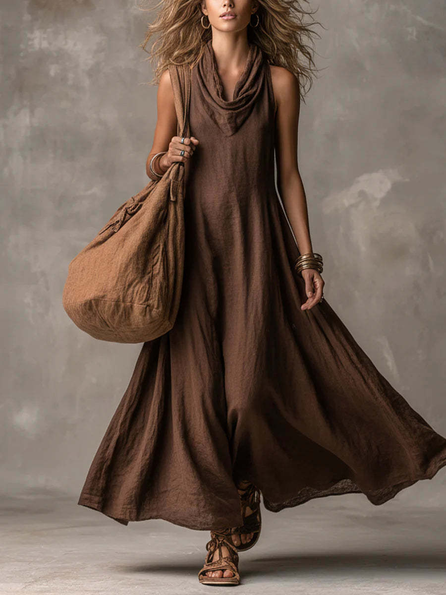 Women's Sleeveless Cowl Neck A-Line Maxi Dress Loose Fit