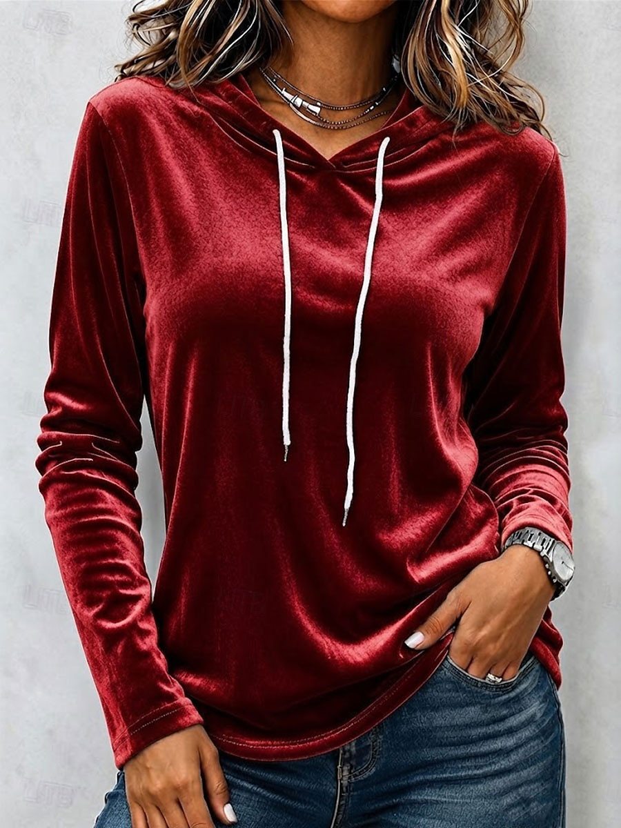 Drawstring Hooded Pullover Sweatshirt Women Loose Fit Long Sleeve