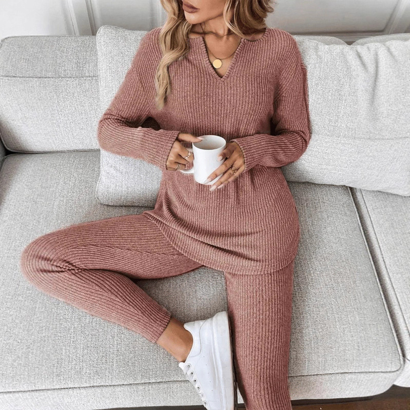 Women's V-Neck Lounge Set Long Sleeve Solid Color Two-Piece