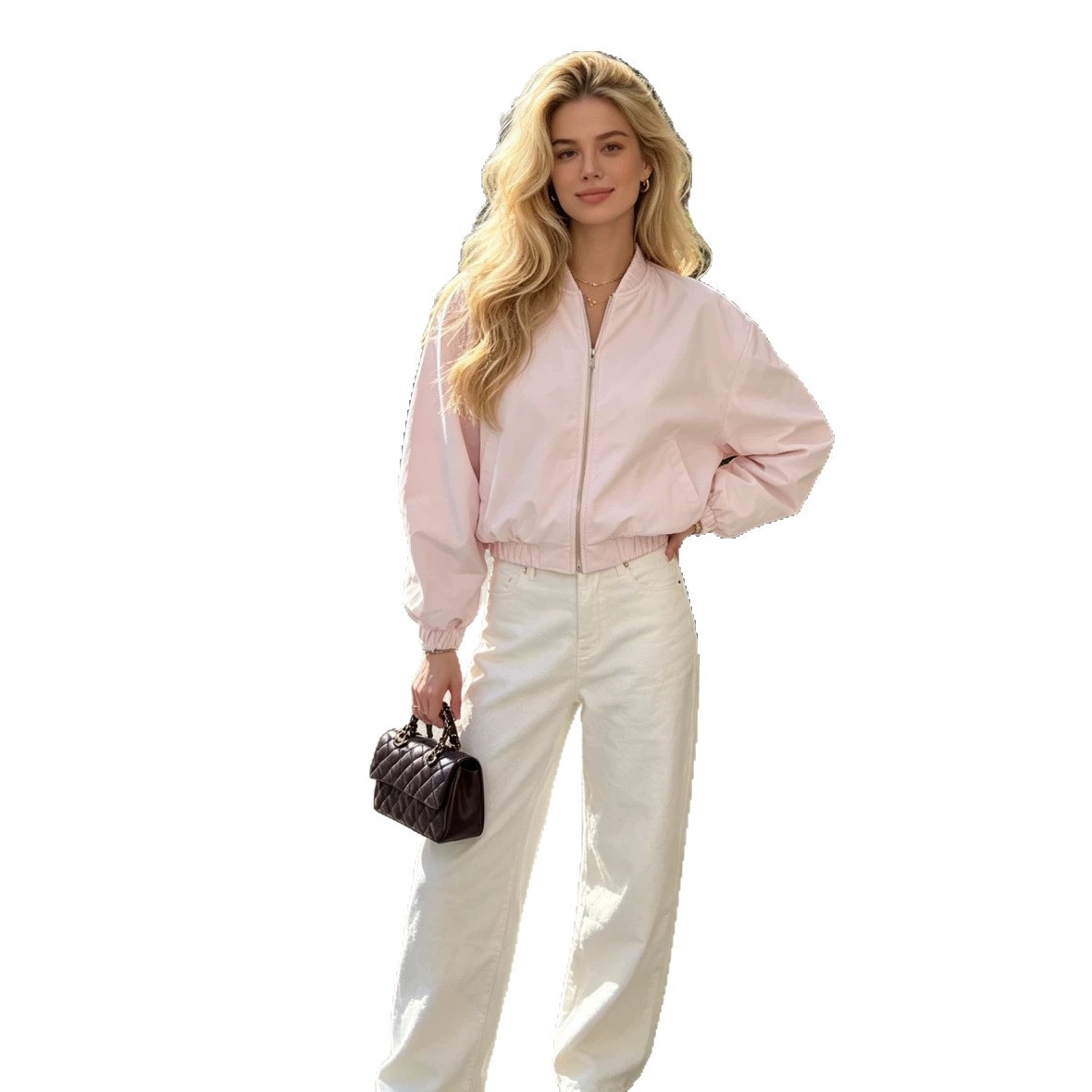 Women's Vintage Bomber Jacket with Lantern Sleeves and High Collar