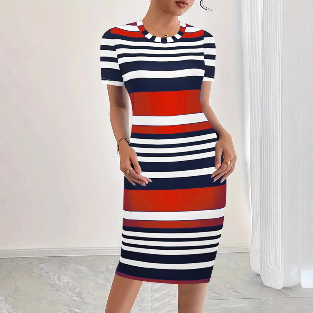 Striped Print Round Neck Short Sleeve Dress