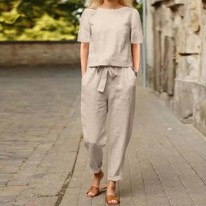 Women's Cotton Linen Half-Sleeve O-Neck Oversized Top & Wide-Leg Pants Retro Set