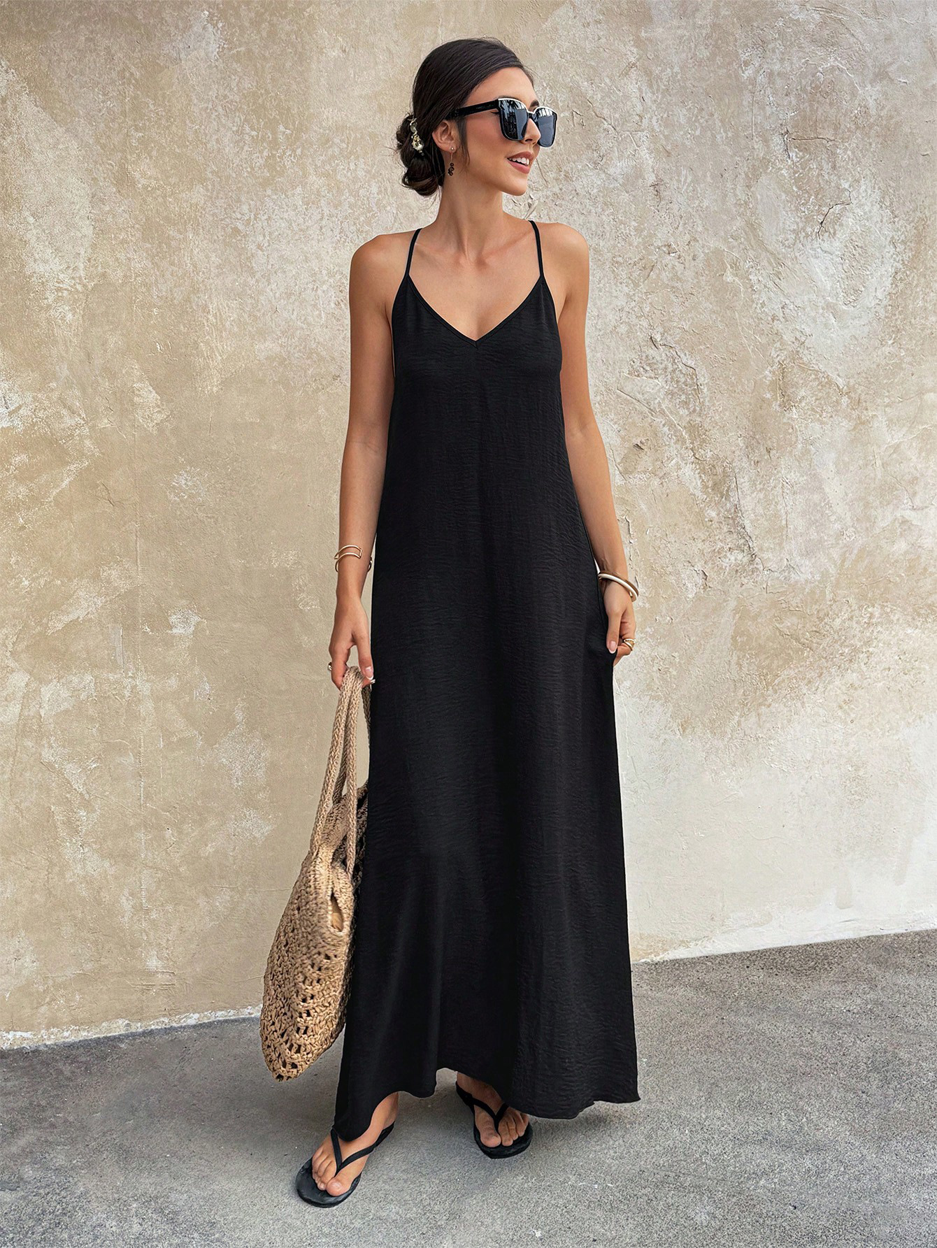 Women's Solid V-Neck Open-Back Sleeveless Cami Dress