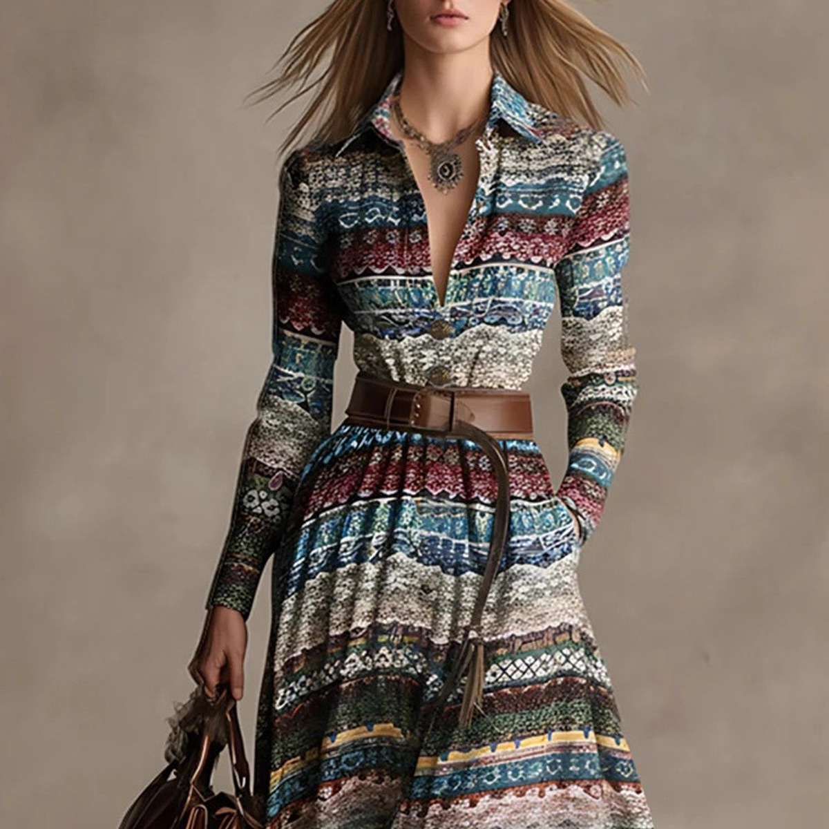 Women's Ethnic Tribal Print Long Sleeve Maxi Shirt Dress