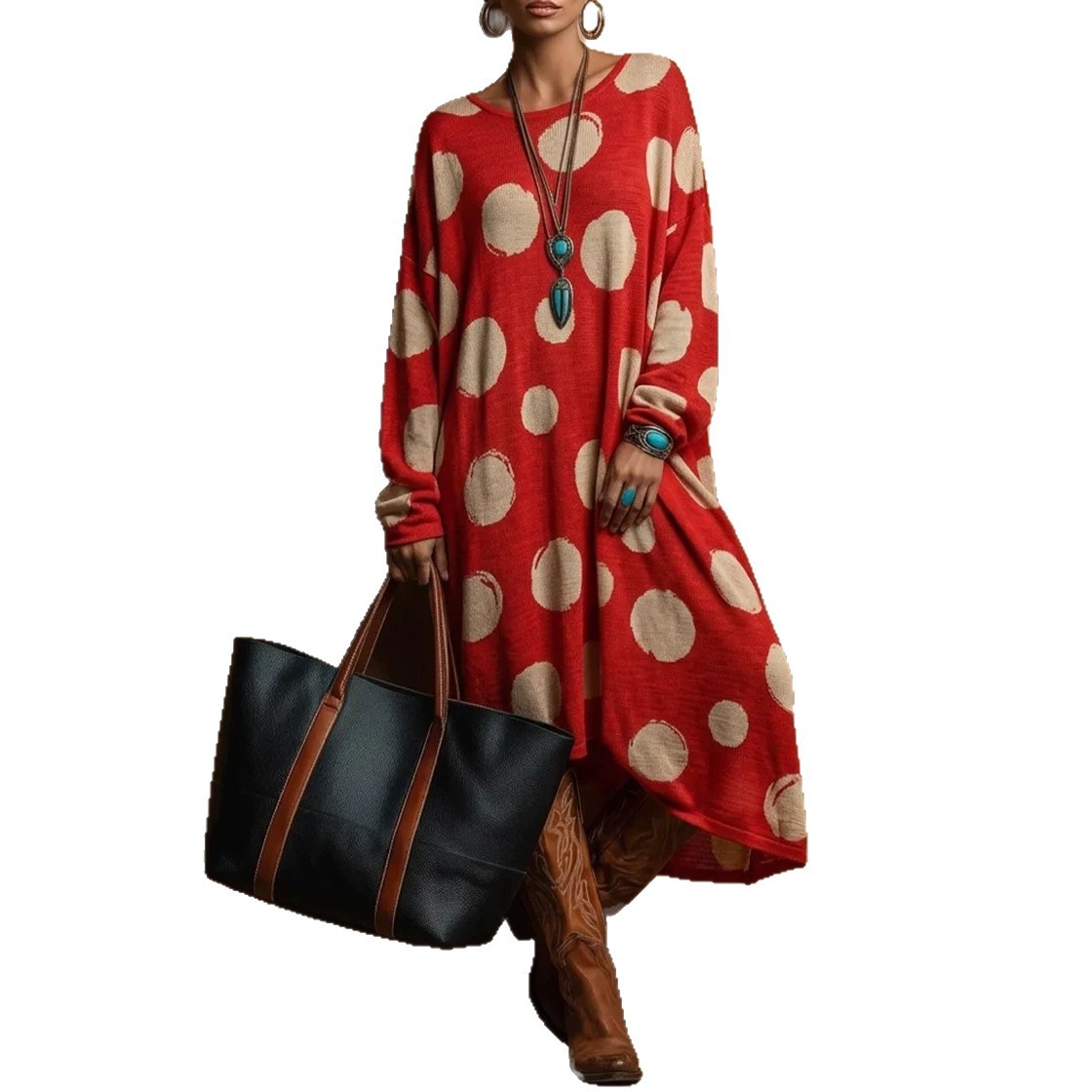 Retro American Polka Dot Print Loose A-Line Long Sleeve Round Neck Dress