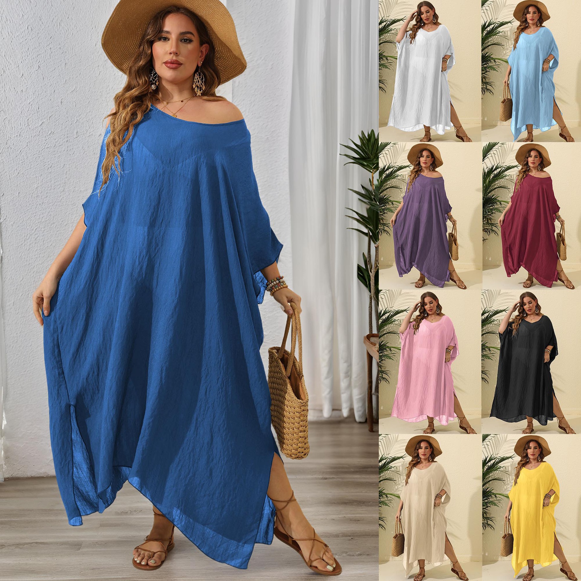 Women's Plus Size Solid Color Loose V-Neck Sleeveless Slit Maxi Dress Beach Cover-Up